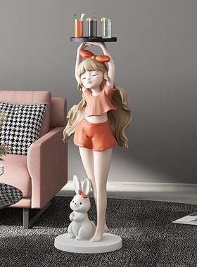 迎宾女孩落地摆件客厅沙发电视柜旁边大型托盘装饰品乔迁新居礼品