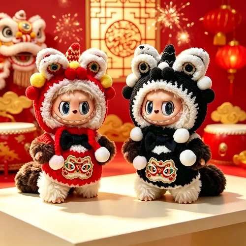 喵变猫盲盒拉布布新年衣服贺岁红醒狮着替17CM布偶喵影子喵娃衣新
