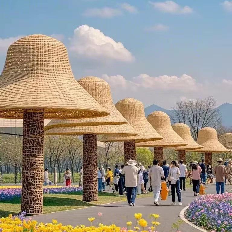 巨型大草帽藤编帽子花海草帽凉亭大型遮阳伞景区打卡网红美陈