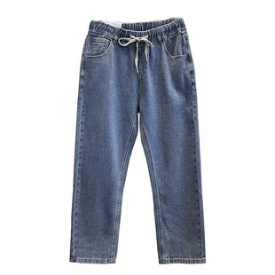 子 港风老爹直筒蓝色系绳牛仔裤 春秋新款 休闲松紧腰宽松潮男女长裤