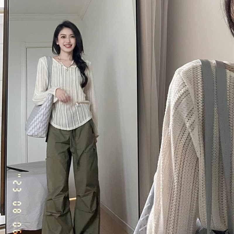 流苏系带清凉镂空条纹罩衫女夏2023新款薄款防晒针织衫T恤上衣