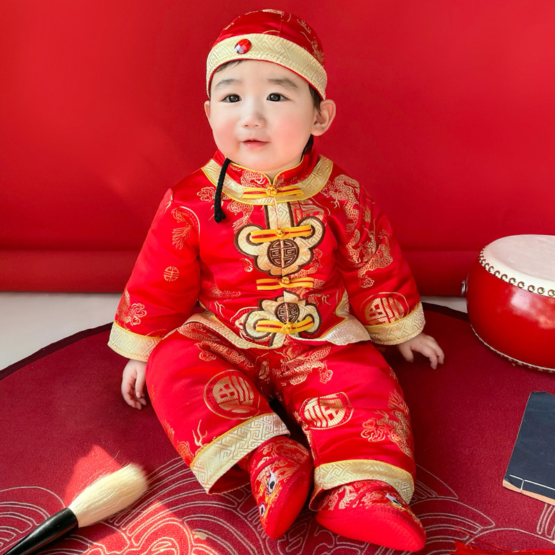 周岁礼服男宝宝中式婴儿满月百天一周岁宴男孩红色抓周服唐装秋冬