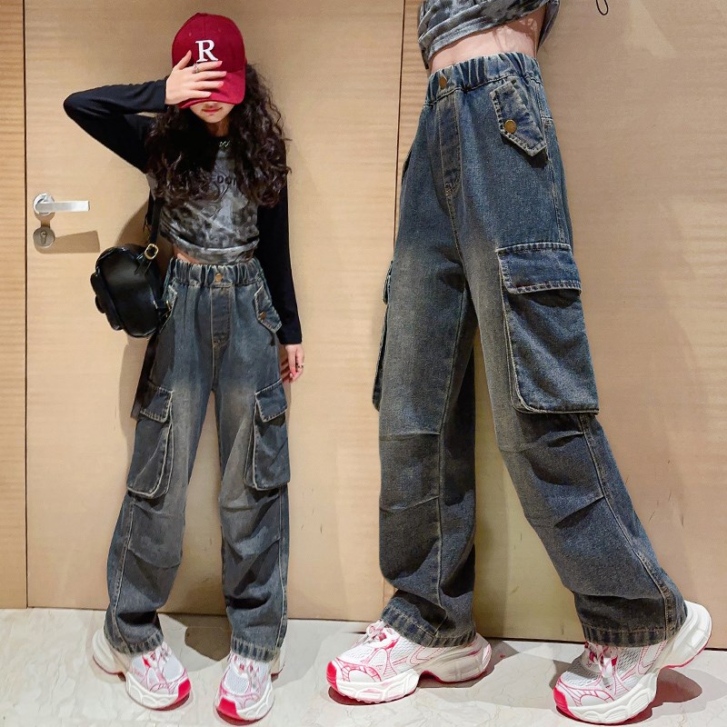 女童工装裤春秋女大童阔腿裤春季牛仔裤春款休闲宽松儿童洋气裤子