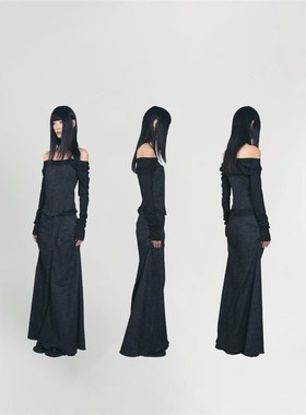 AXIS OF 复古设计感褶皱气质蓝色长款牛仔裙女夏季修身黑色半身裙