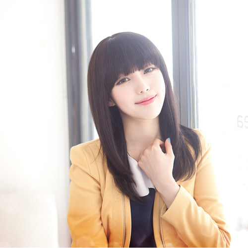 真发假发女齐刘海中长直发 时尚女士自然逼真长发真人发丝假发套
