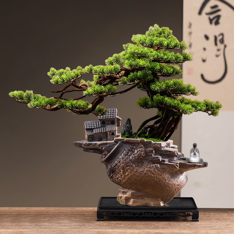 中式迎客松盆景花盆仿石山水人家大号造景绿植粗陶瓷带托配件盆栽