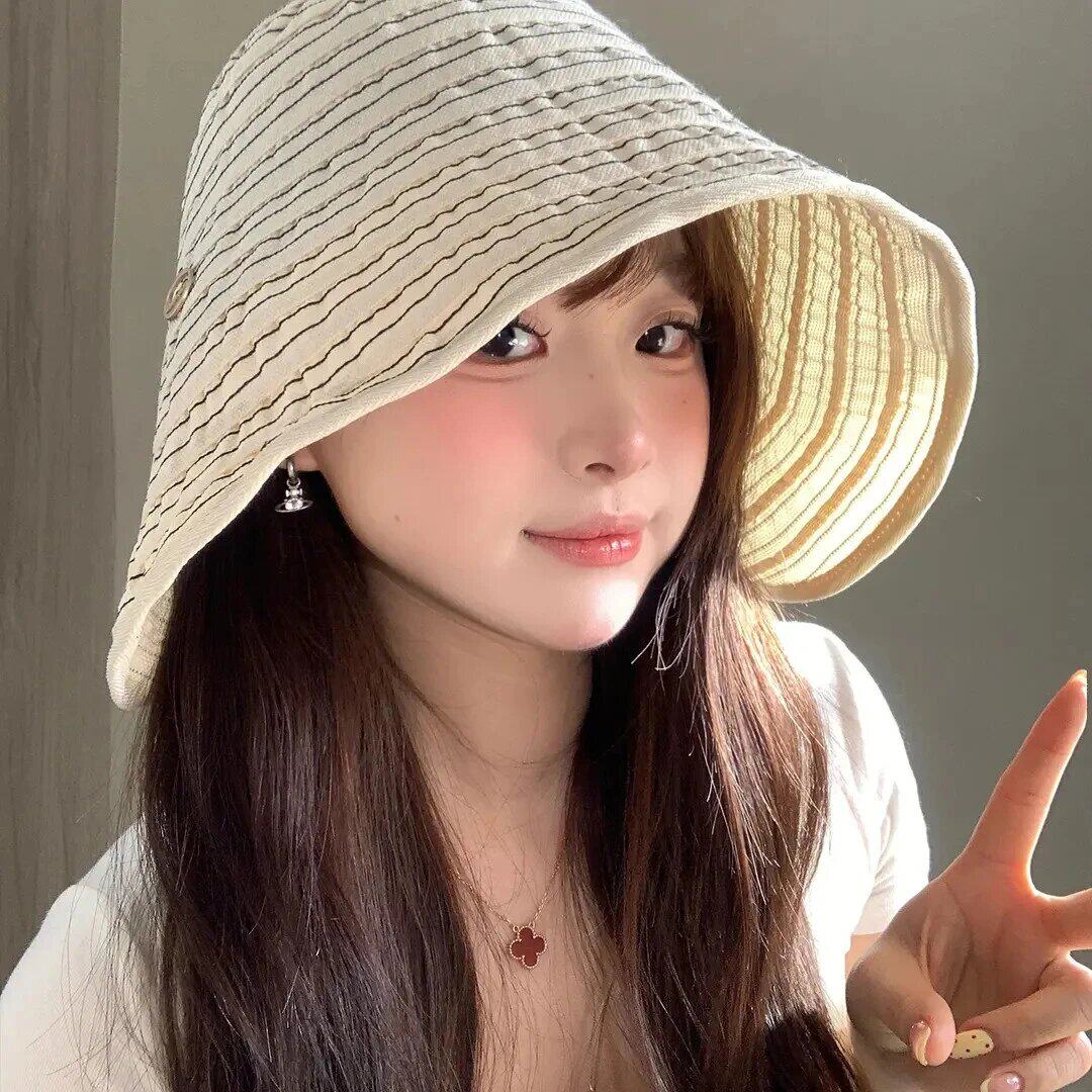 【百搭帽】大帽檐条纹渔夫帽大头围显脸小遮阳防晒水桶帽女CZ