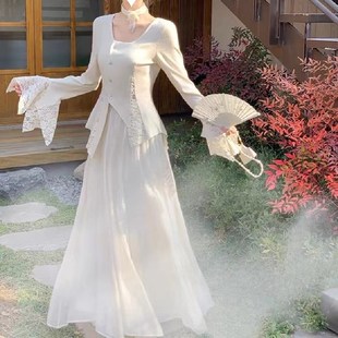 大码胖mm清冷高级感新中式蕾丝拼接上衣半身裙女春夏改良两件套装