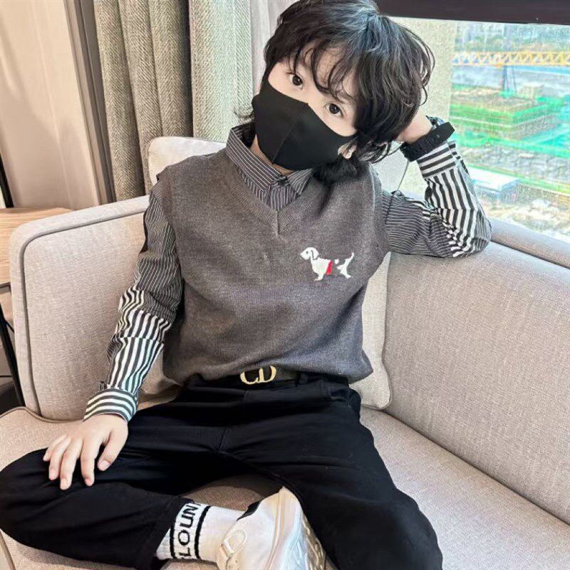 男童毛衣加绒衬衫假两件秋冬2024新款中大童背心儿童男孩针织马甲