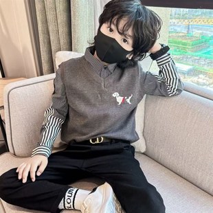 男童毛衣加绒衬衫假两件秋冬2024新款中大童背心儿童男孩针织马甲