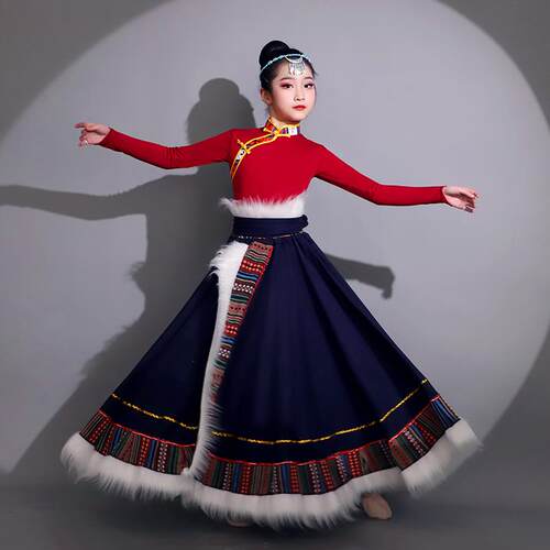 藏族儿童舞蹈演出服课堂练习裙中小学生舞台表演服半身裙水袖上衣