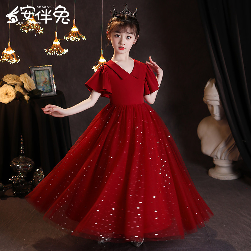 女童高端晚礼服公主裙红色儿童主持人花童合唱指挥钢琴演奏演出服图片