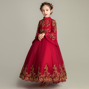 儿童礼服公主裙女童晚宴礼裙小主持人中国风长裙长袖婚纱模特走秀