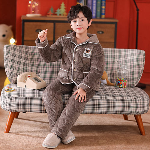 儿童睡衣男童冬款三层夹棉加厚款中大童宝宝小孩法兰绒套装家居服