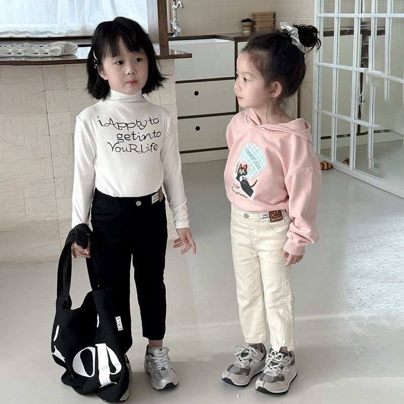 黑色烟管裤牛仔裤女童秋季2024新款高腰九分裤窄版直筒裤子童装潮