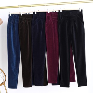 高腰加绒灯芯绒女裤子秋冬季新款外穿小脚裤显瘦加厚松紧腰棉裤