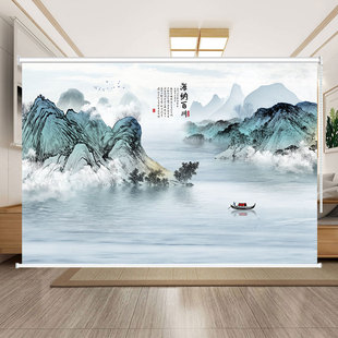 定制中式水墨山水画窗帘办公室茶舍风景挂画隔断遮阳防晒拉珠卷帘