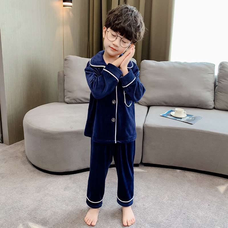 儿童睡衣秋冬季法兰绒男童男孩中家居服套装
