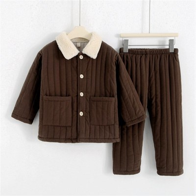 冬季男孩男童可外穿纯棉加绒加厚保暖三层夹棉家居服套装儿童睡衣