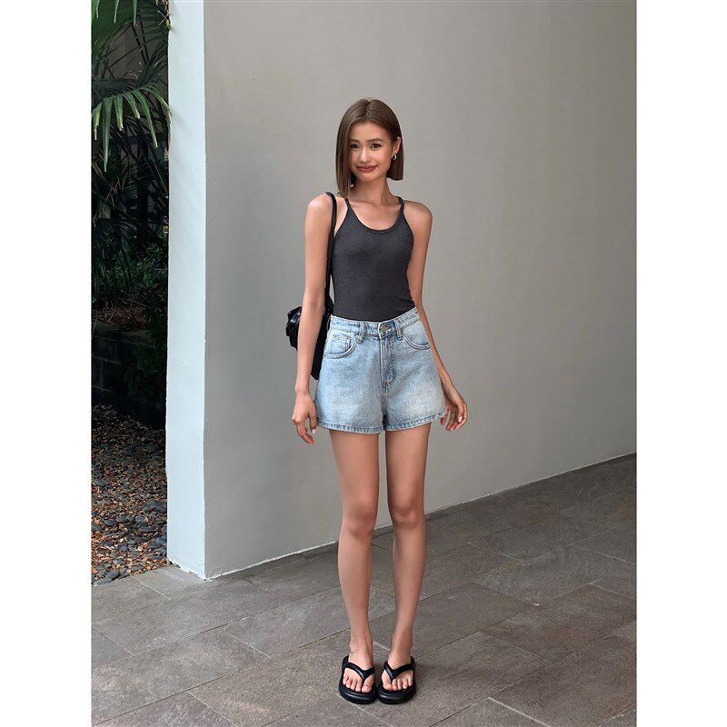 ousph复古浅蓝色高腰牛仔短裤女宽松薄款休闲夏季高腰显瘦小众A字