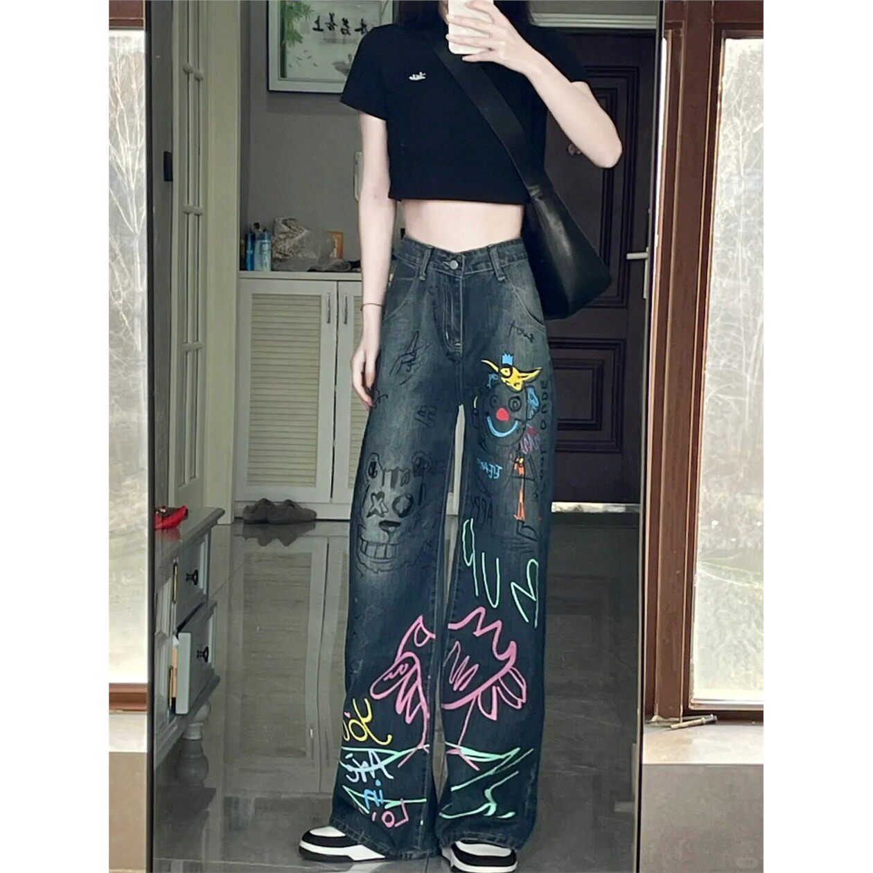 直筒牛仔裤女夏季胖mm宽松大尺码设计感美式涂鸦显瘦高腰复古阔腿
