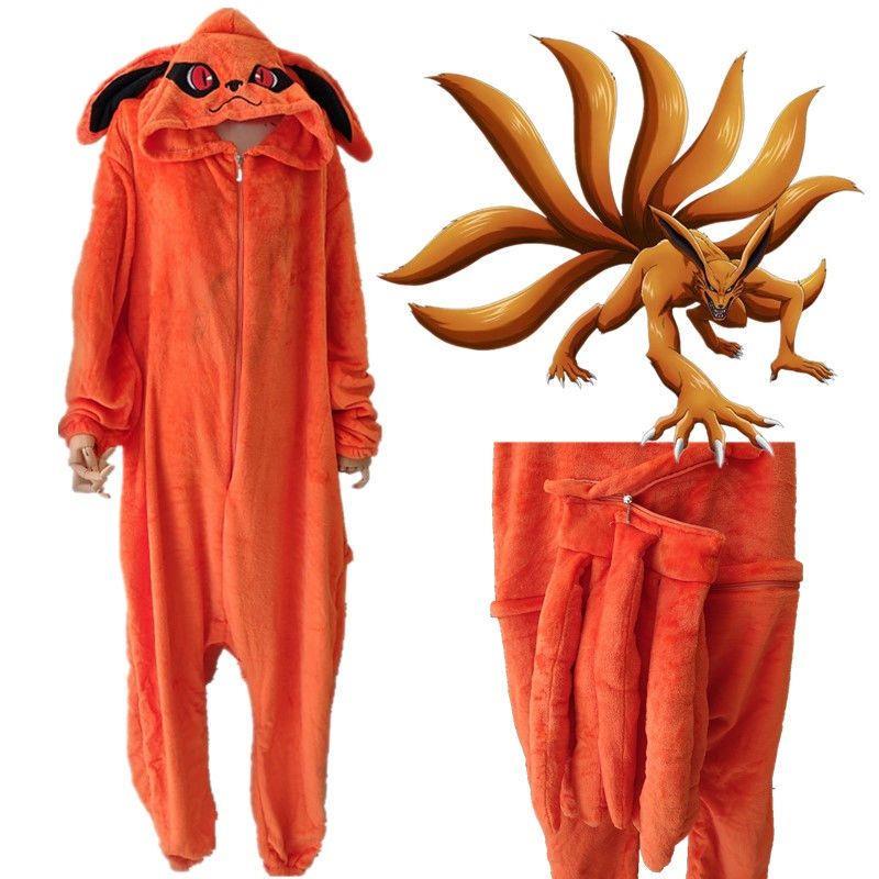 现货火影忍者九尾法莱绒睡衣家居服晓鸣人动漫周边cos冬季连体