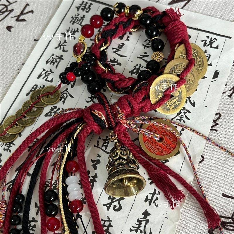 抖音爆款火旺藏式手绳花钱双圈中式山鬼钱币手工铃铛手链铜钱同款