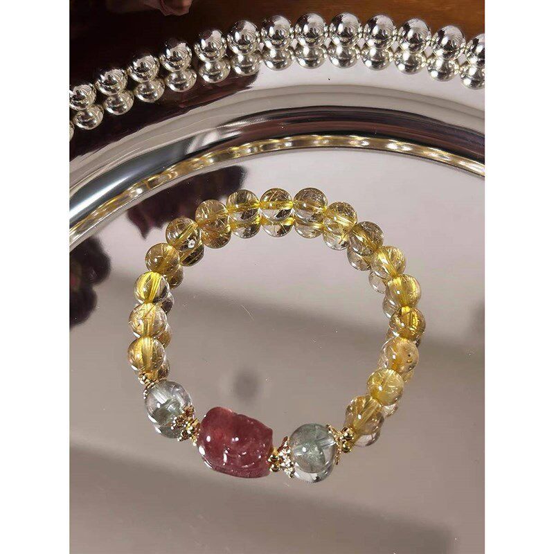 天然草莓晶金发晶绿幽灵貔貅手链女招财招桃花转运编织手串闺蜜礼