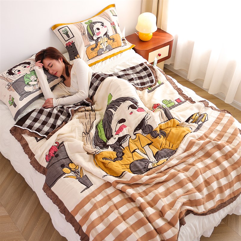 十层精梳棉泡芙被三件套纯棉新款成人家用盖毯柔软亲肤全棉毛巾被