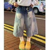 宽松高腰阔腿中裤 大码 女夏季 新款 美式 流行设计渐变破洞牛仔七分裤