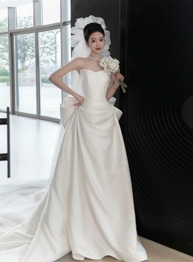 【纱语】新款褶皱缎面A字裙轻婚纱抹胸鱼尾冬礼服裙晨袍法式迎宾