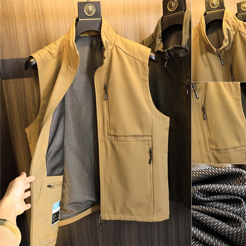 工装多口袋!户外休闲!秋季男士纯色防风防水时尚立领钓鱼马甲潮