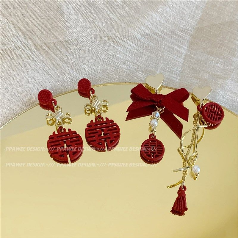 中国风新娘耳饰红色敬酒服耳环喜字银福耳钉不对称婚庆耳夹无耳洞,饰品/流行首饰/时尚饰品新,耳环,淘宝优惠券,粉丝福利购,淘宝优惠卷