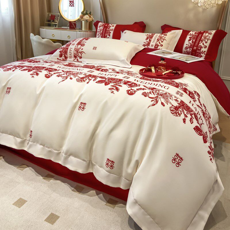 高档中式结婚e四件套大红色新婚床单被套纯棉婚庆床上用品婚房陪,床上用品,婚庆床品套件,淘宝优惠券,粉丝福利购,淘宝优惠卷