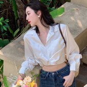 新款 度假风长袖 衬衫 2023春季 设计感缎面气质茶歇风白月光短款 上衣