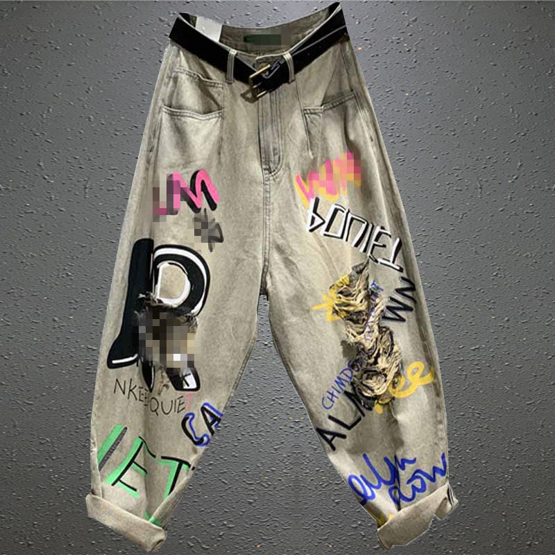 2021夏季新款宽松个性撞色印花潮牌薄款破洞哈伦裤子牛仔九分裤女