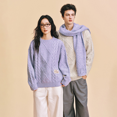 马卡龙紫肌理毛衣复古绞花针织衫