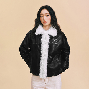 【DNA官方】飞行夹克棉服25年暖冬新款翻领PU革皮衣刺绣毛领外套