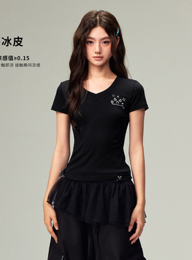 【DNA官方】V领短袖T恤2025夏新款银线刺绣短T时尚修身正肩上衣女