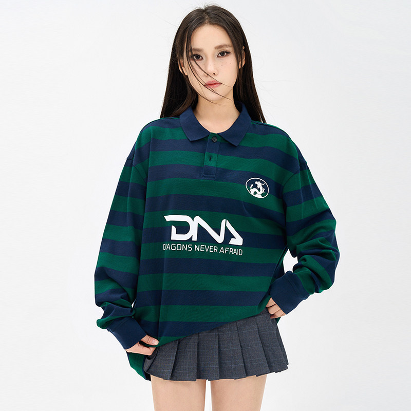 【DNA官方】美式复古撞色条纹长袖polo衫女宽松百搭翻领上衣男