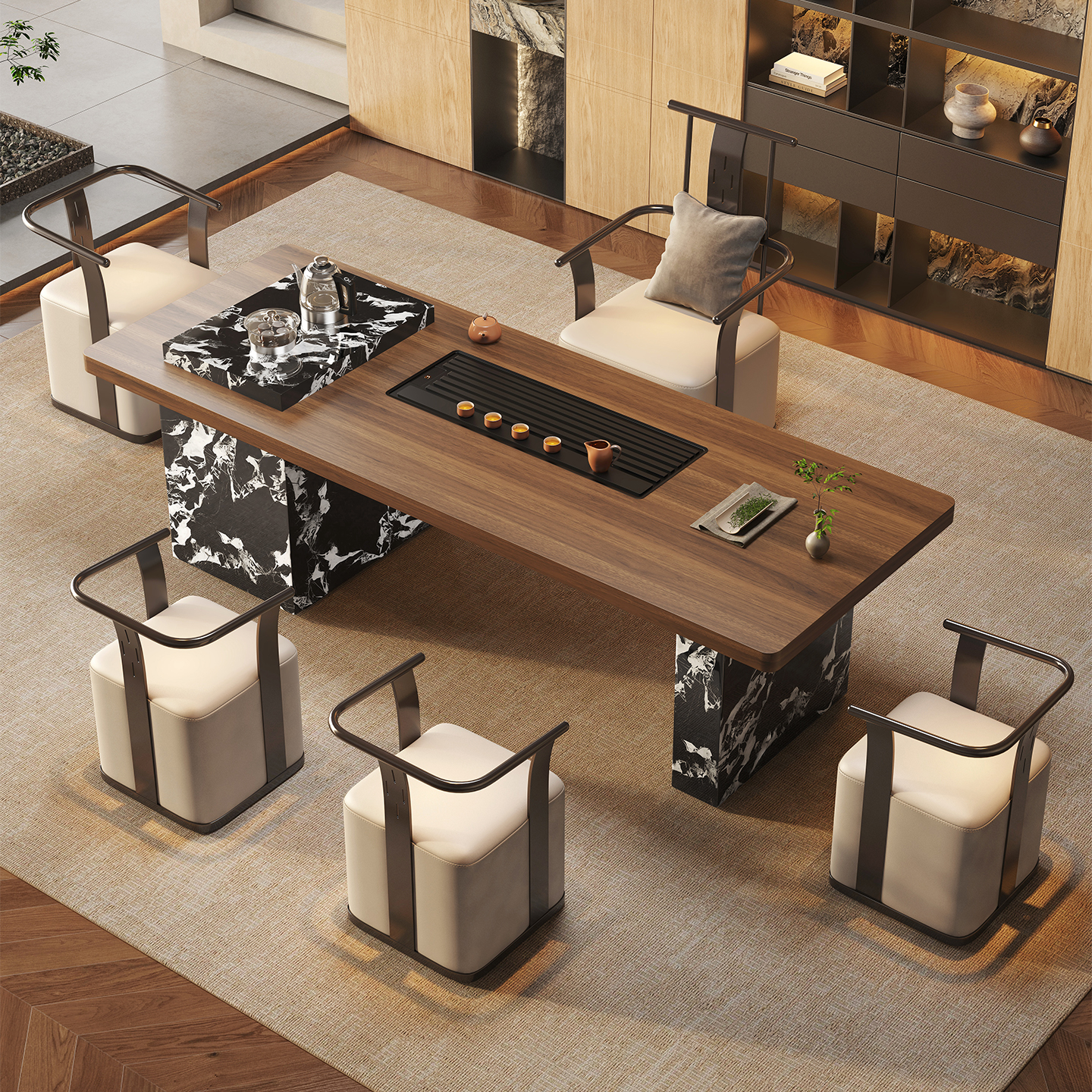 轻奢岩板茶桌椅组合阳台客厅家用中古风茶台泡茶桌实木办公室茶几