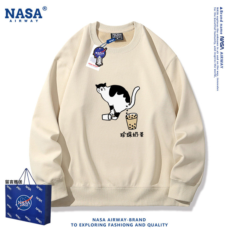 NASA联名趣味卡通图案抽象珍珠奶茶猫咪男女圆领卫衣春秋上衣新款