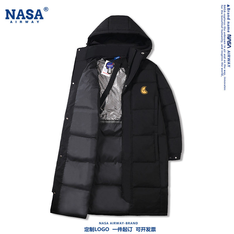 NASA联名太阳月亮星星简约卡通图案印花男女连帽羽绒服中长款外套