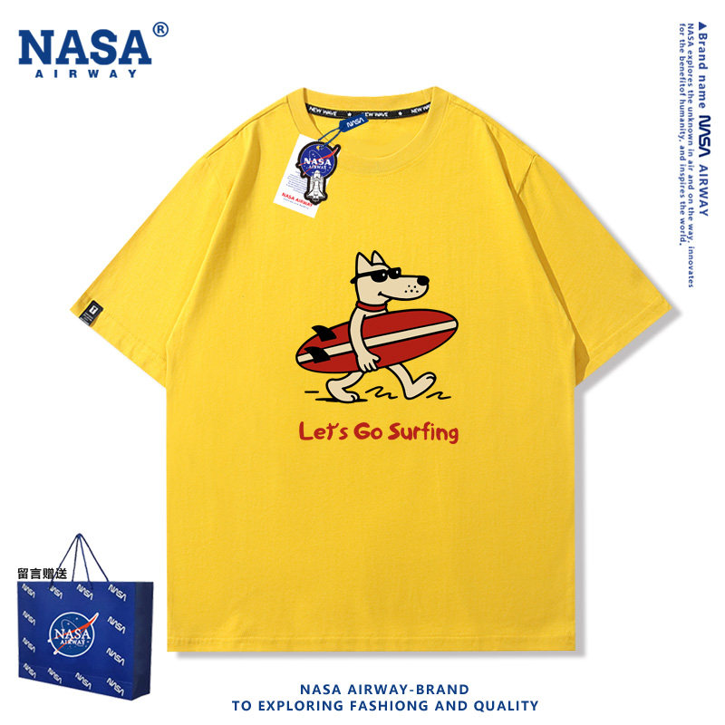 NASA AW美式冲浪小狗沙滩印花图案男女纯棉短袖T恤夏季半袖上衣服