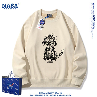 NASA联名趣味线条潦草小狗卡通图案圆领卫衣男女秋冬百搭上衣新款