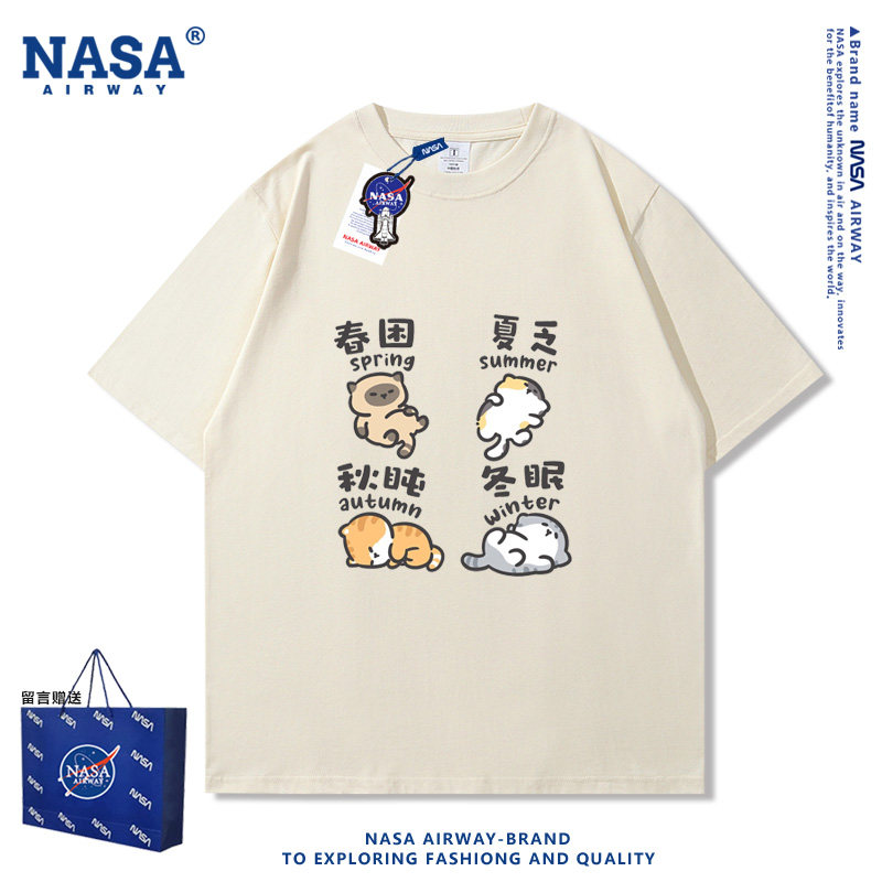 NASA联名日系小猫咪春夏秋冬卡通趣味纯棉短袖t恤男女学生半袖夏