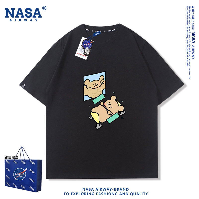 NASA AW小白狗小金毛运动健身肌肉卡通图案男女纯棉短袖T恤夏半袖