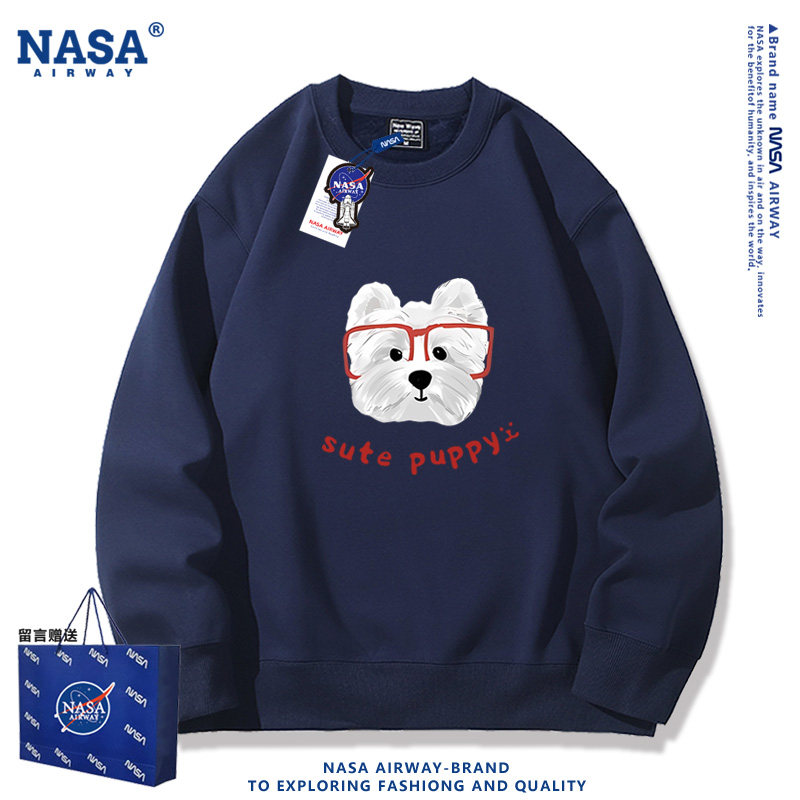 NASA 联名红框眼镜小狗潮牌男女学生宽松大码卡通印花圆领卫衣服