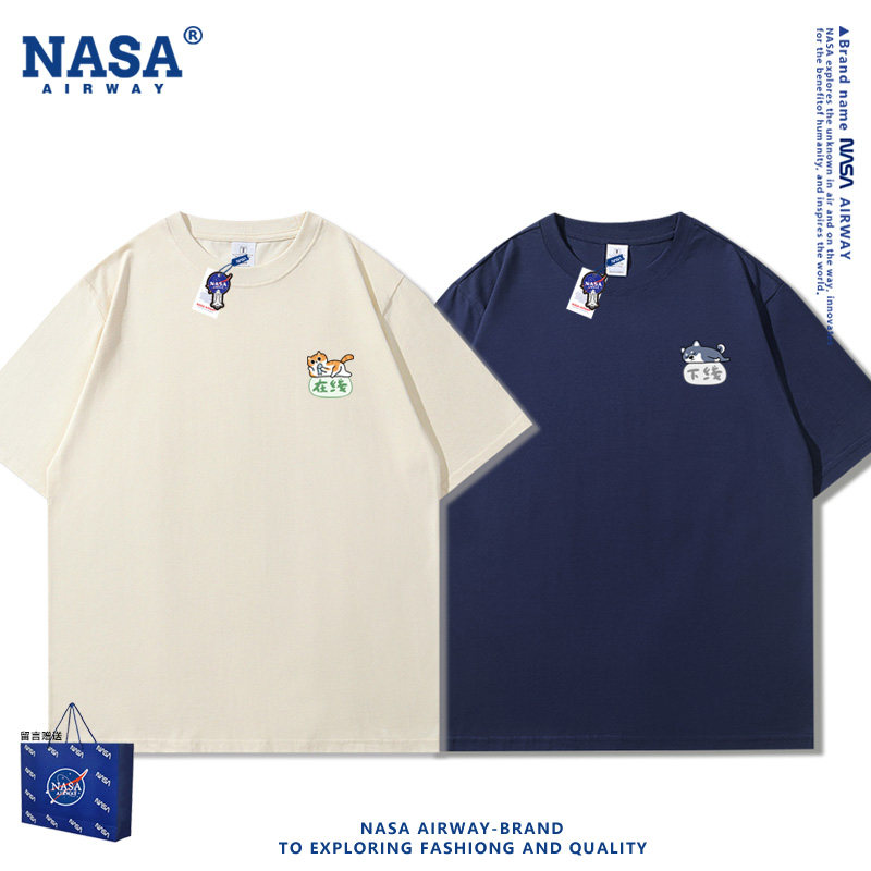 NASA AW在线橘猫下线哈士奇小狗情侣装可爱印花男女纯棉短袖T恤夏