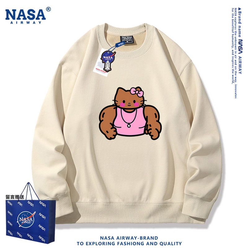 NASA联名黑皮肌肉粉色kitty猫猛男卡通图案趣味男女春秋圆领卫衣